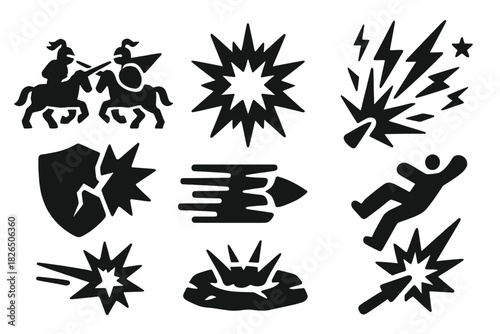 Impact Collision Icons. Solid style icons of impact collisions: mid-joust crash icon, energy burst panel, flying bolts and sparks.