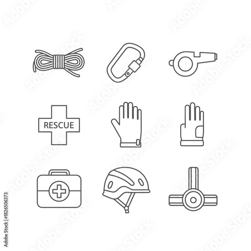 Essential safety and rescue equipment depicted as clean outline icons. Ideal for outdoor adventures, climbing, and emergency preparedness graphics