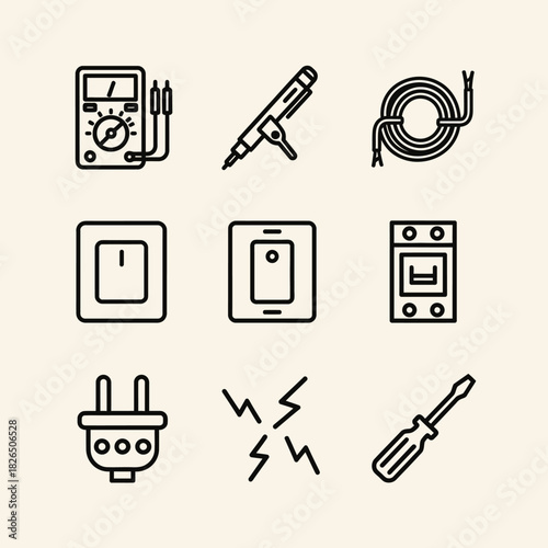 A detailed collection of line art icons representing various electrical tools and components, such as a multimeter, voltage tester, wiring, and switches for electrician services or home repair