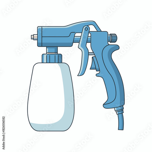 Illustration of a blue spray gun with a white bottle for cleaning or painting applications