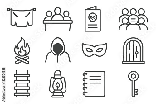 Underground Network Icons. Line style icons of Underground Network: Hidden Banner, Secret Council, Pamphlet, Silenced Crowd;