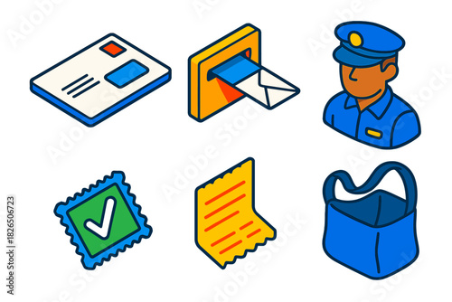 Voting Mail Icons. Isometric vector illustration set Voting and elections – mail-in ballot envelope, return postage stamp, address