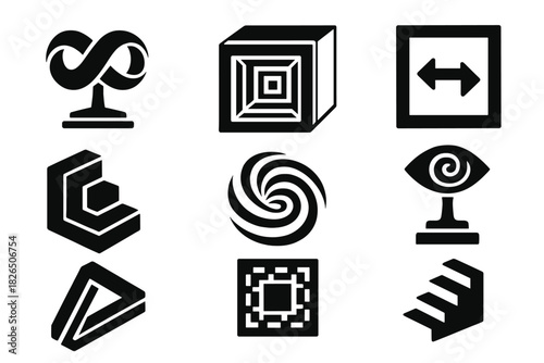 Mind-Bending Visual Illusions. Solid style icons of mind-bending visual illusions: Möbius strip sculpture, infinity tunnel cube,