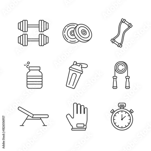 Fitness and bodybuilding equipment icon pack. A linear graphic set for gym workouts, athletic training, and strength exercises