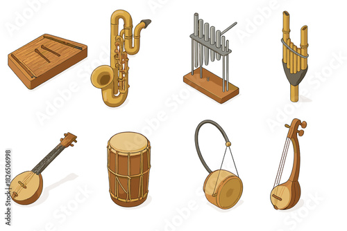 Rare Musical Instruments. Isometric vector illustration set of Rare musical instruments: tsymbaly, bass sarrusophone, cristal