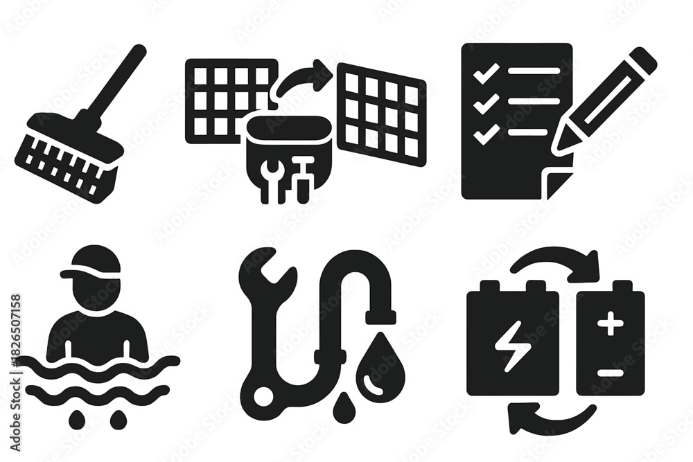 Naklejka premium Maintenance Tool Icons. Solid style icons of maintenance tools and tasks: net cleaning brush, filter swap icon, tool belt with
