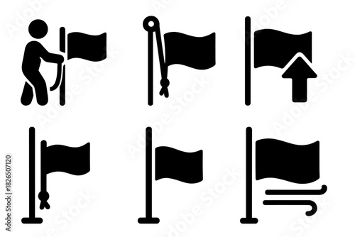 Vexillology Icon Set. Line style icons of Vexillology: flag hoisting icon, pulley system, flag up arrow, flag halyard icon,