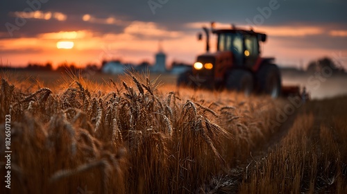 Agricultural tractor on wheat field at sunset, rural farming landscape with golden crop harvest, agriculture and farming industry concept