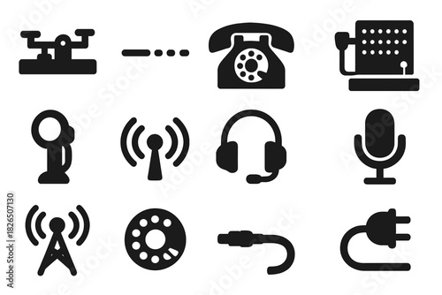 Retro Communication Icons. Solid style icons of Retro Communication: Telegraph Key, Morse Code Strip, Rotary Phone, Switchboard,