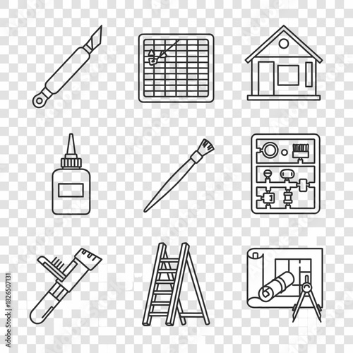 Creative hobby and do-it-yourself project tools icon set for design and modeling activities