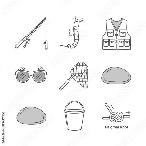 Collection of linear icons representing essential fishing gear and accessories for a recreational hobby