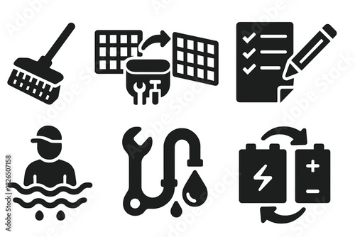 Maintenance Tool Icons. Solid style icons of maintenance tools and tasks: net cleaning brush, filter swap icon, tool belt with