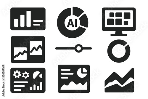 Visualization Tools Icons. Solid style icons of visualization tools for procurement: bar graph dashboard, pie chart with AI ring,