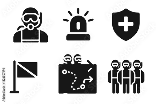 Night Dive Icons. Solid style icons of guided night dives: dive leader glyph, route line icon, safety badge. Light beacon ring,