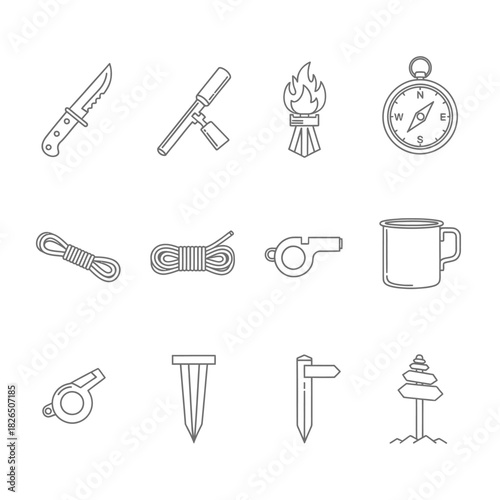 Set of camping and survival gear icons knife, compass, rope, mug, whistle, and more