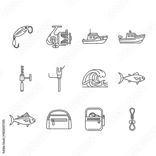A comprehensive set of outline icons representing sport fishing equipment, including a boat, rod, reel, lures, and ocean elements like fish and waves