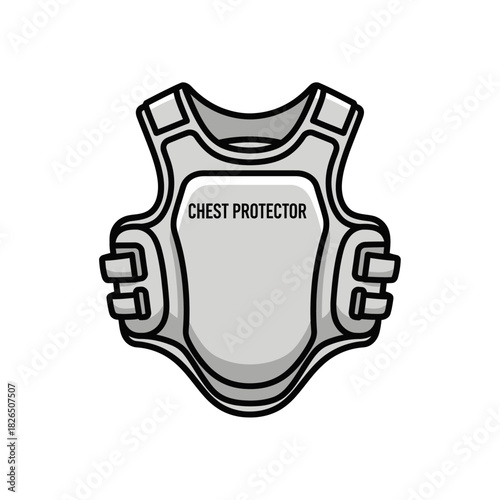 Illustration of a grey chest protector with straps on the sides and text reading 'CHEST PROTECTOR' on the front
