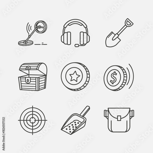 Collection of icons representing treasure hunting, featuring a metal detector, headphones, shovel, treasure chest, coin, scope, scoop, and bag