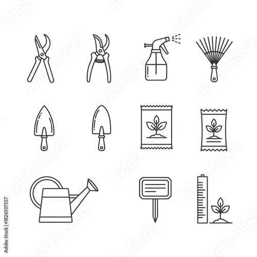 A minimalist set of line art icons representing various gardening tools and equipment for horticulture and plant care