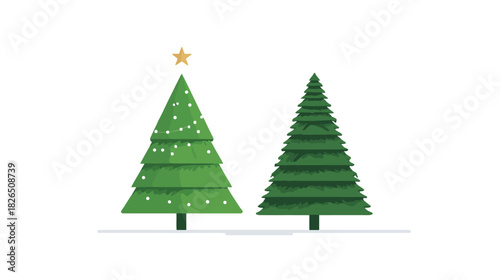 Stylized Christmas Trees Vector Illustration. Two Evergreen Holiday Trees, One Decorated with Star and Snow, Festive Season