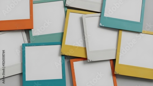Scattered Blank Instant Photo Frames Mockup with Colorful Borders on Neutral Background