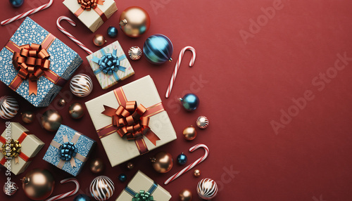 Composición navideña vista desde arriba con regalos envueltos de colores, lazos brillantes, bolas de Navidad luminosas y bastones de caramelo sobre un fondo rojo, dejando espacio vacío en el centro.