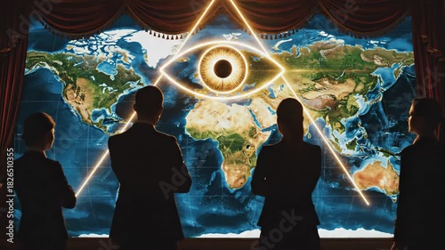 Business people observing a large world map display with a glowing eye of providence and pyramid symbol, representing a secret society's power and global conspiracy planning