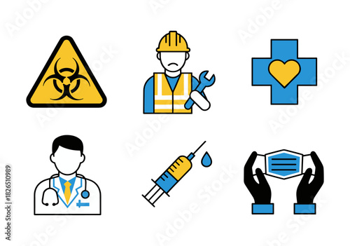 Essential workers and healthcare pandemic safety icons