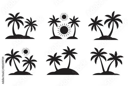 Tropical island palm tree silhouette icon on white background
