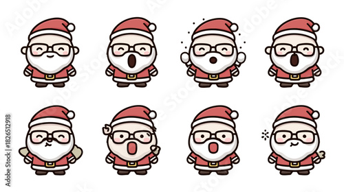 Cute cartoon Santa character expressions set. Holiday vector illustration with different emotions for Christmas designs.
