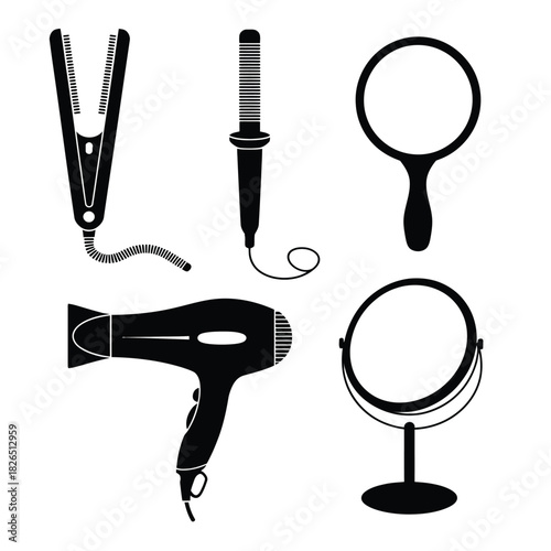 Hair styling tools and beauty care icons.