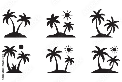 Tropical island palm tree silhouette icon on white background
