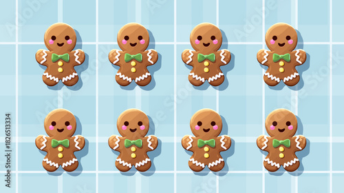 Adorable gingerbread cookie characters with green bow ties, festive Christmas holiday baking treats on a light blue background.
