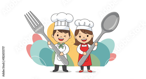 Cute cartoon illustration of a little boy and girl dressed as chefs, happily holding a giant fork and spoon, ready to cook and eat.