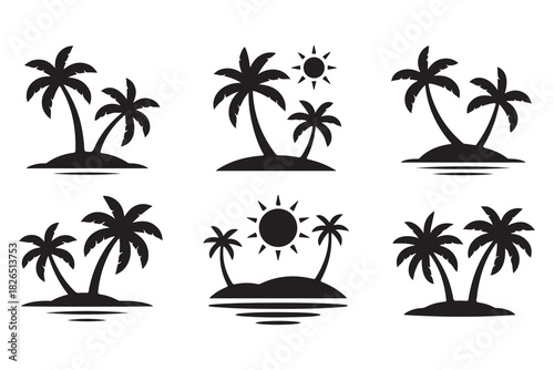Tropical island palm tree silhouette icon on white background
