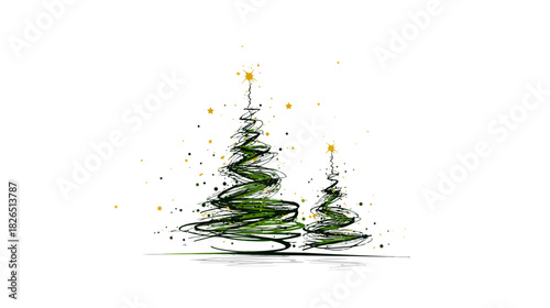 Artistic sketchy green Christmas trees with golden sparkles and stars on a clean white background, festive holiday design element, winter decoration.