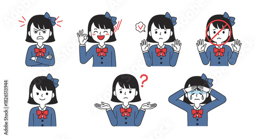 Character set of a Japanese schoolgirl in a sailor uniform showing various emotions like anger, happiness, sadness, confusion, and refusal.