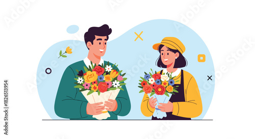 Smiling young man and a woman, possibly a florist, are happily holding beautiful, vibrant bouquets of freshly picked colorful flowers.