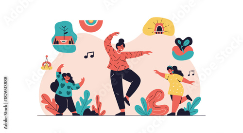 Three happy women with diverse body types are dancing with joy and freedom, surrounded by colorful plants and abstract shapes in a vibrant scene.