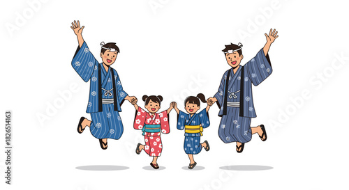 Two happy fathers with their two young daughters, all dressed in traditional yukata, are jumping for joy together during a Japanese festival.