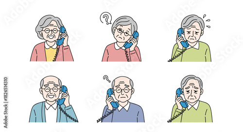 Set of illustrations showing elderly men and women on the phone, expressing emotions ranging from happy and smiling to confused and worried.