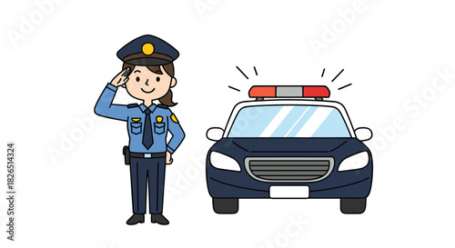 Friendly female police officer in full uniform stands and gives a salute next to her police car with its emergency lights flashing.