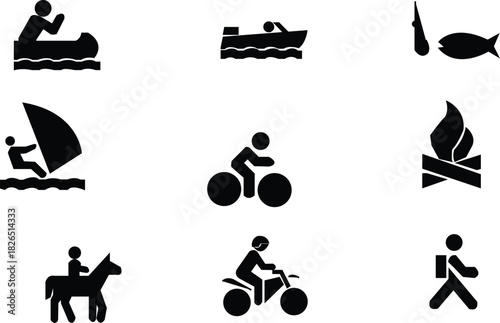 Solid Silhouette Icons of Outdoor Adventure, Water Sports, and Recreational Activities Pictogram Set