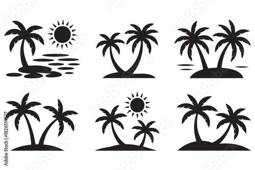 Tropical island palm tree silhouette icon on white background
