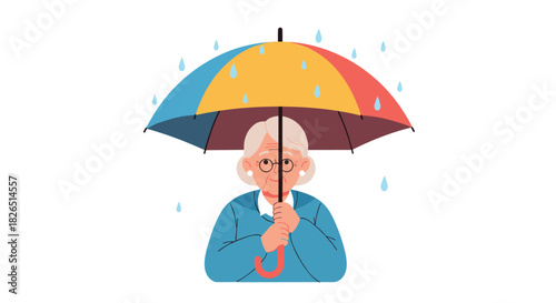 Elderly woman with glasses smiles gently while holding a large, colorful rainbow umbrella to shelter herself from falling raindrops.