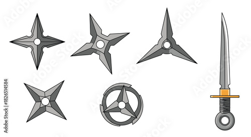 A detailed set of various Japanese ninja weapons, including multiple designs of shuriken throwing stars and a sharp kunai dagger.