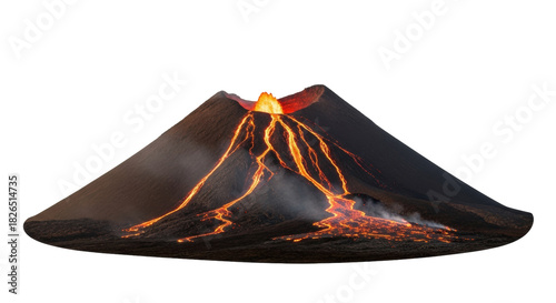 Isolated image of an erupting volcano with flowing lava on a mountain with no background