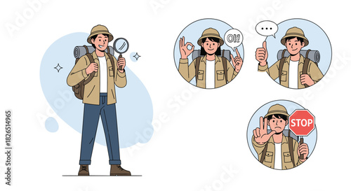 Adventurer character holding a magnifying glass, with separate icons displaying positive gestures like OK and thumbs up, and a negative stop sign.
