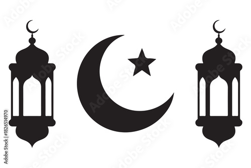 Islamic lantern and crescent moon with star silhouette icon on white background

