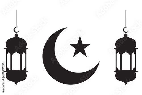 Islamic lantern and crescent moon with star silhouette icon on white background
